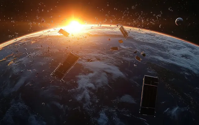 Sunlit Earth at sunrise with floating satellite debris and fragments in surrounding space.