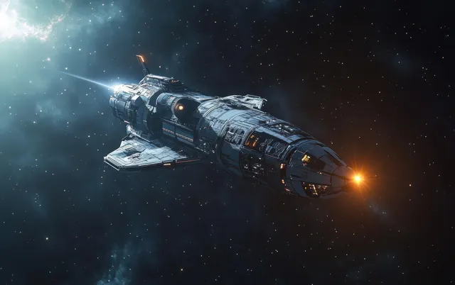 A metallic futuristic spacecraft drifts in deep space with a nearby star flare and faint nebula clouds.