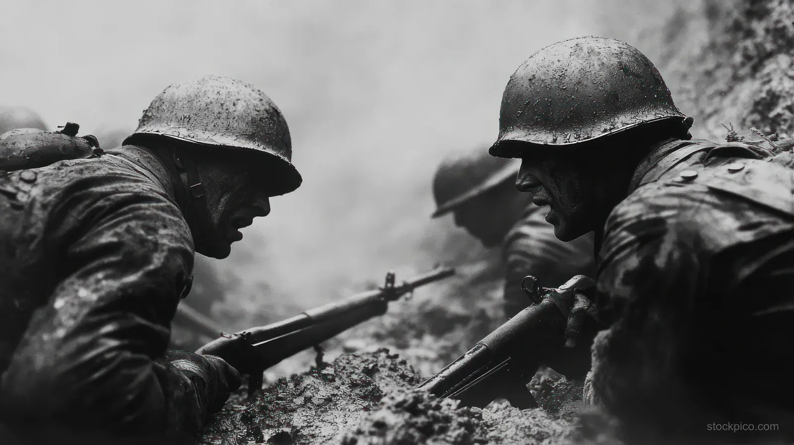 Allied soldiers in helmets fire rifles from a trench in a smoky black-and-white battlefield scene.