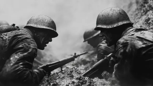Allied soldiers in helmets fire rifles from a trench in a smoky black-and-white battlefield scene.