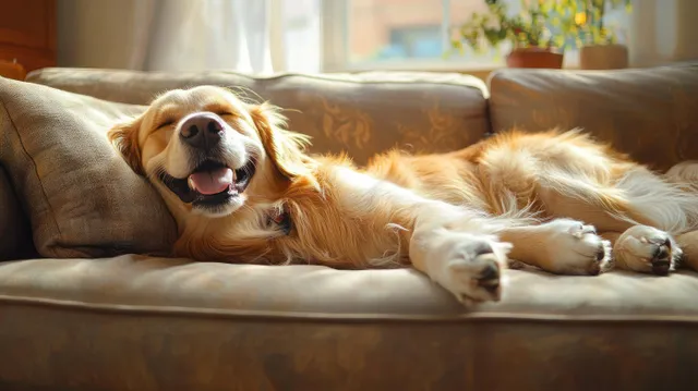 A smiling golden retriever stretches out on a cozy sofa in a sunlit modern living room.