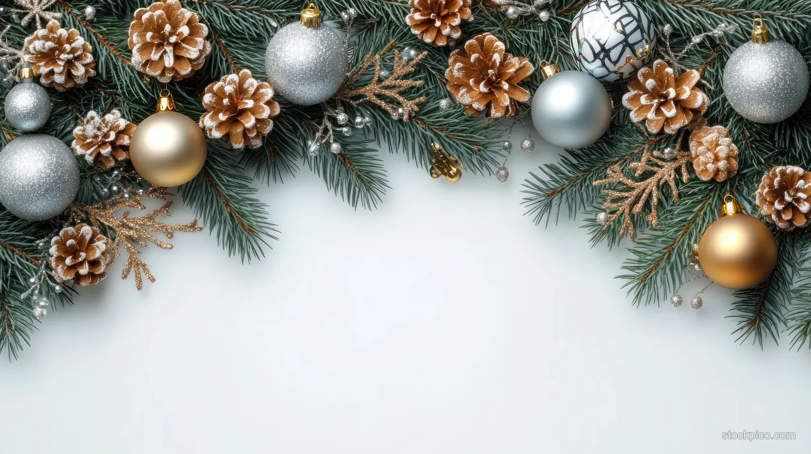 Fir branches with silver and gold Christmas baubles and pine needles arranged as a decorative border on white.