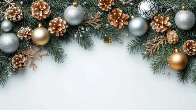 Fir branches with silver and gold Christmas baubles and pine needles arranged as a decorative border on white.