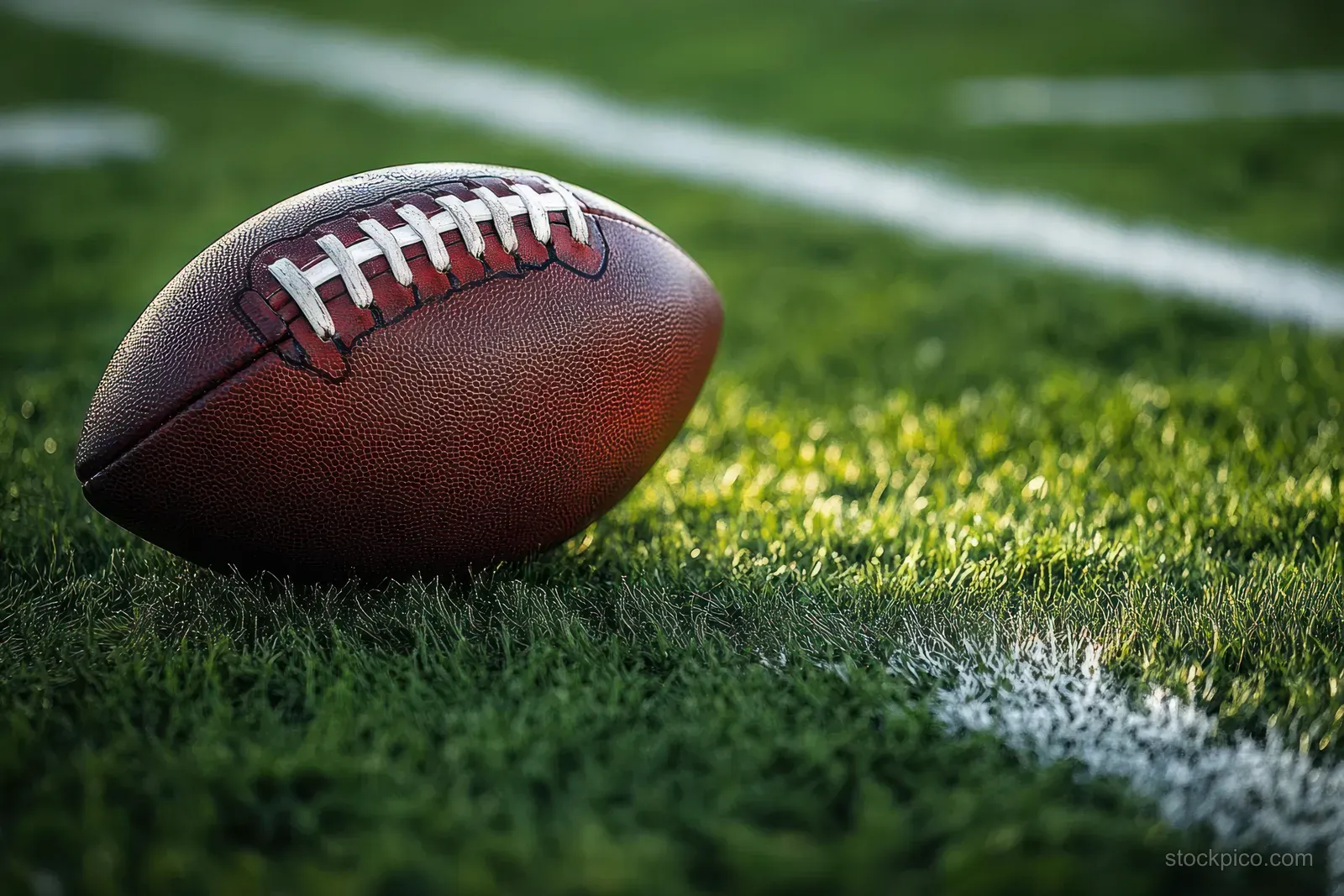An American football rests on green grass next to a white field line in bright daylight.