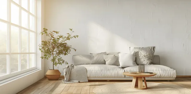 Minimal Scandinavian living room with a light sofa, wooden floor, side table, and large window with daylight.