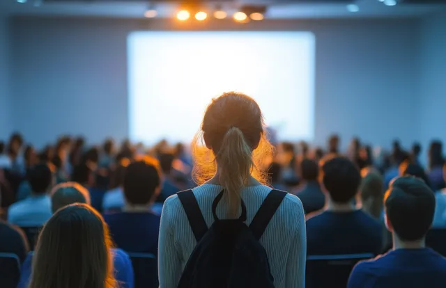Speaker addressing corporate conference audience from stage, back view with soft spotlight glow