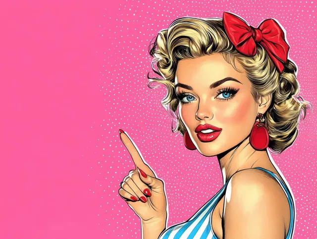 Retro pop-art blonde woman with blue eyes points upward beside a red bow on a bright pink dotted background.