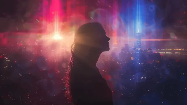 Silhouette of a woman in profile against a colorful neon city skyline.