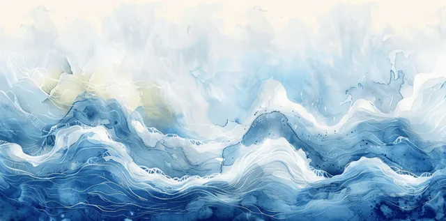 Cheerful cartoon ocean waves with teal-blue watercolor splash across a soft sky horizon