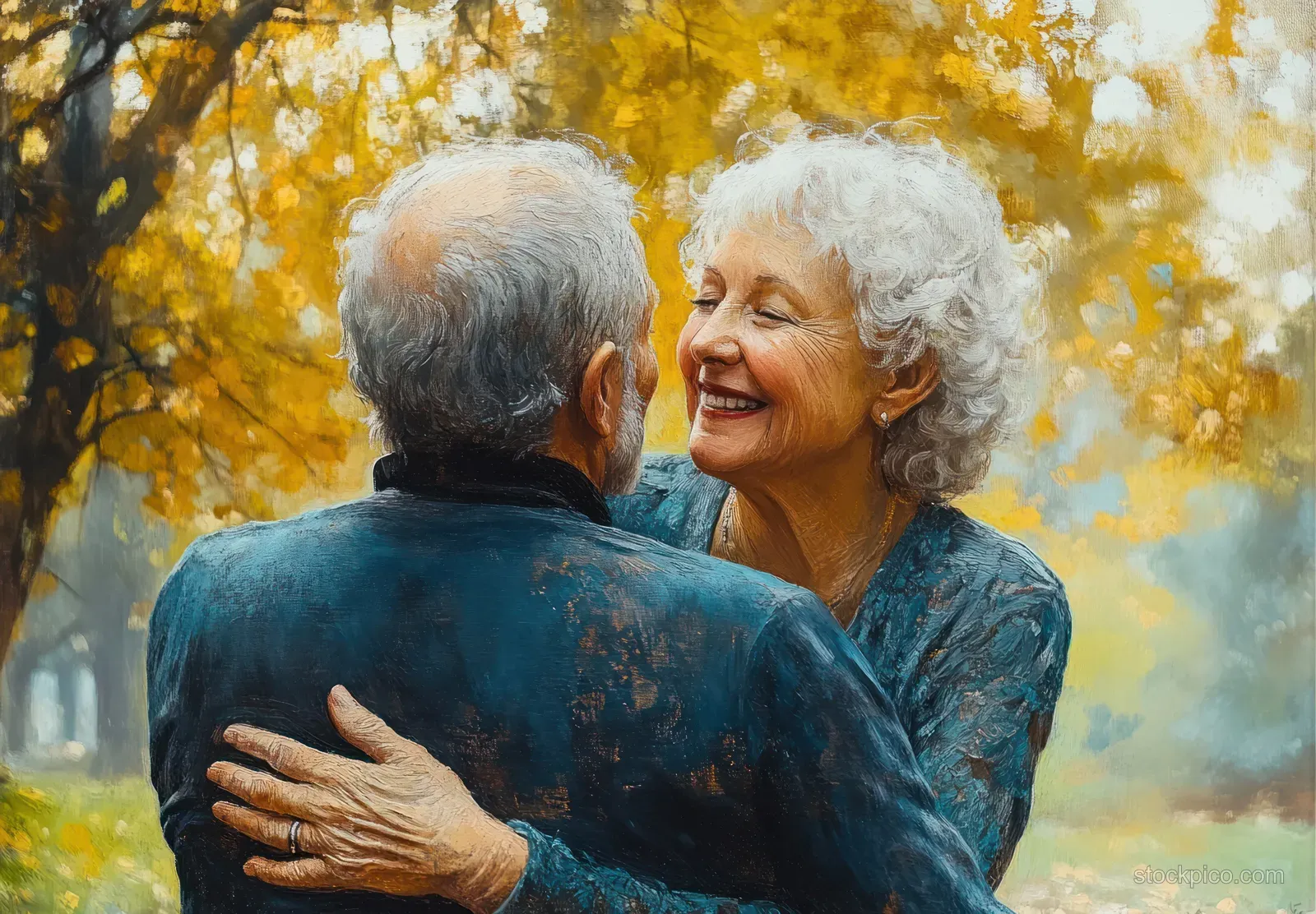 An elderly couple hugs and smiles in a sunlit autumn garden with golden leaves in soft blur.