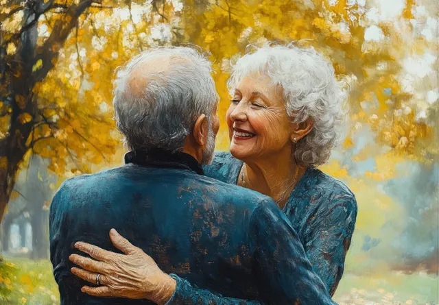 Elderly couple embracing in autumn garden sunlight, smiling warmly with soft bokeh