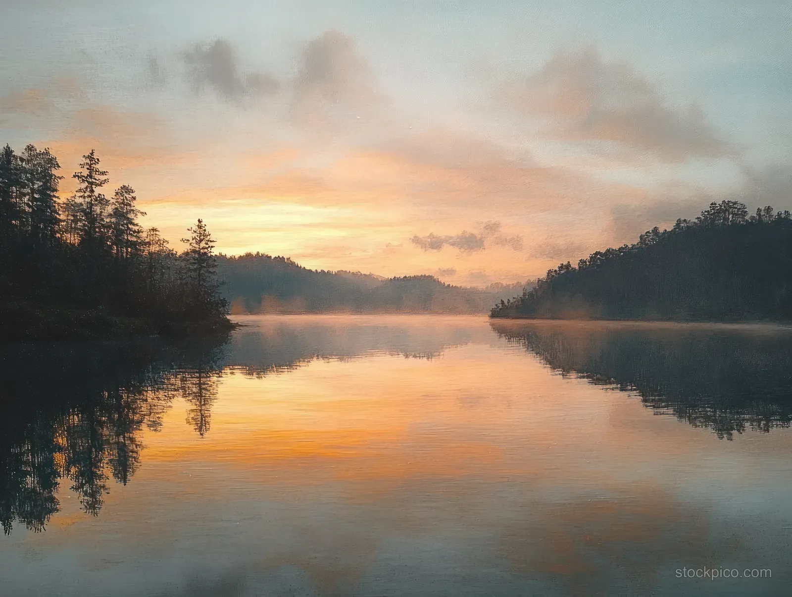 Aerial sunrise over a misty lake in Yogyakarta with orange and pink clouds reflected on calm water.