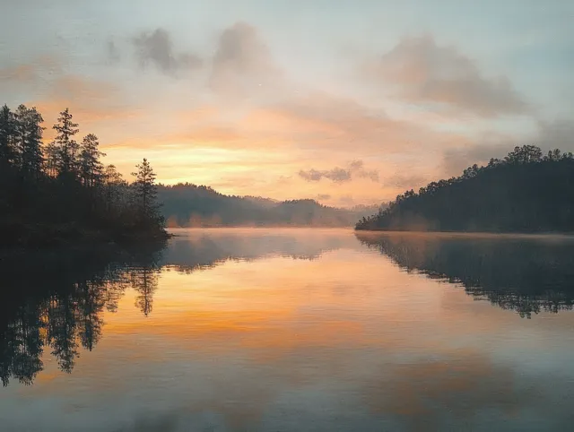 Aerial sunrise over a misty lake in Yogyakarta with orange and pink clouds reflected on calm water.