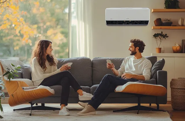 Young couple relaxing on sofa with air conditioner in bright living room