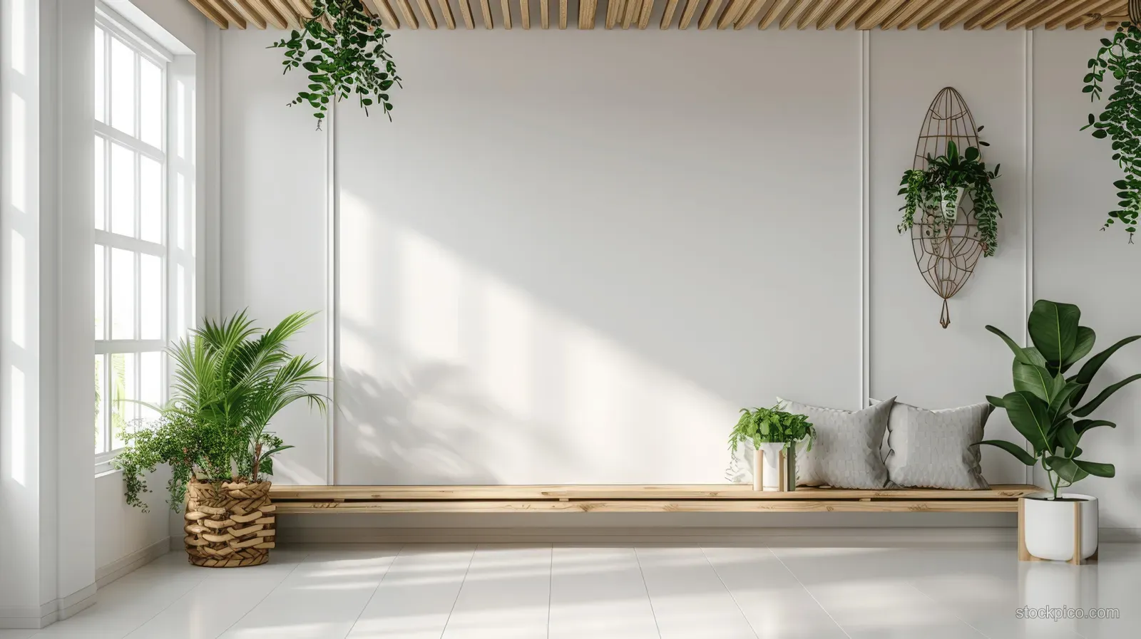 Sunlit minimalist living room with a wooden bench and potted plants on the white floor beneath large windows.