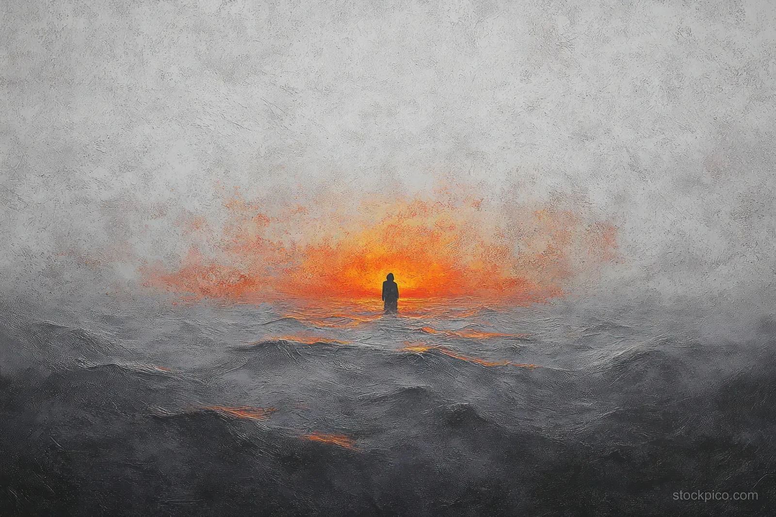 A lone silhouetted figure stands in stormy ocean waves beneath misty clouds with an orange glow on the horizon.