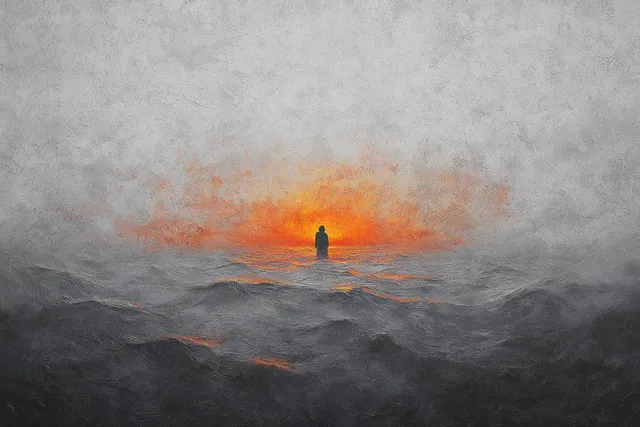 A lone silhouetted figure stands in stormy ocean waves beneath misty clouds with an orange glow on the horizon.