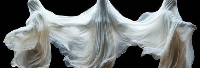 Three ghostlike figures made of flowing translucent white fabric drift against a black background.
