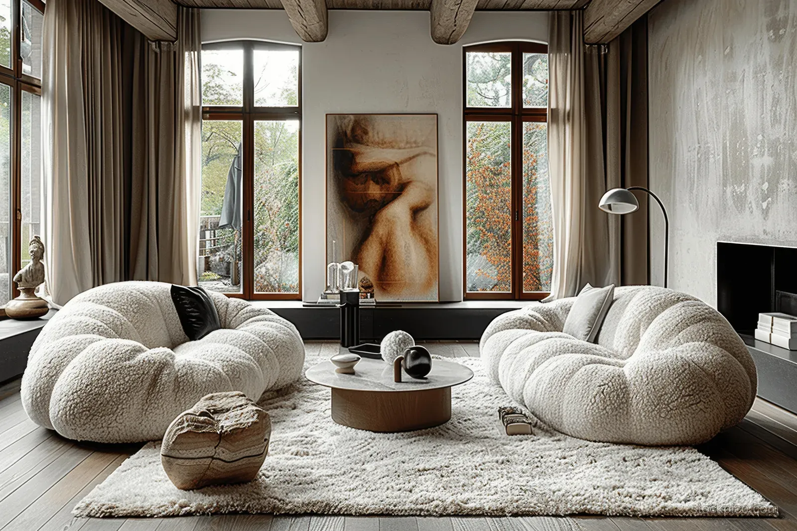 Minimalist living room with round fluffy sofas facing a coffee table under daylight from large windows.