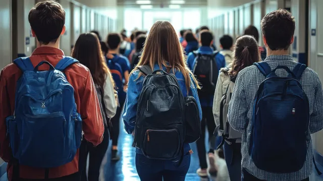 Students with backpacks walk through a sunlit school hallway toward bright classrooms