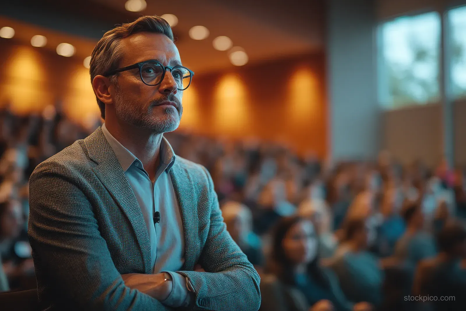 A business leader in a bright office addresses a seated group during a meeting.