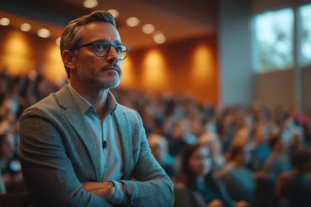 Business leader presenting insights to an attentive team in a bright office