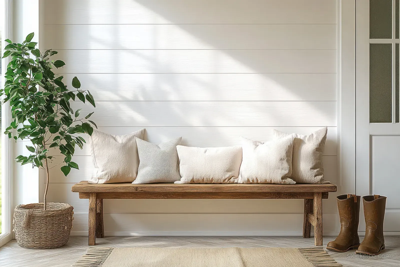 Minimal wooden bench with neutral pillows and a green potted plant in a bright farmhouse entryway.