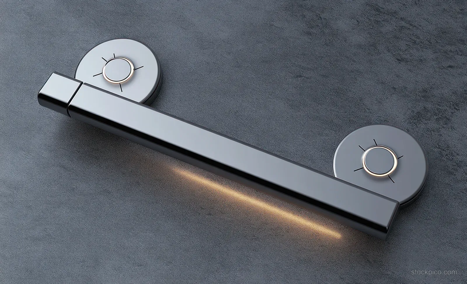 A metallic safe door handle sits on a textured gray surface with circular mounts.
