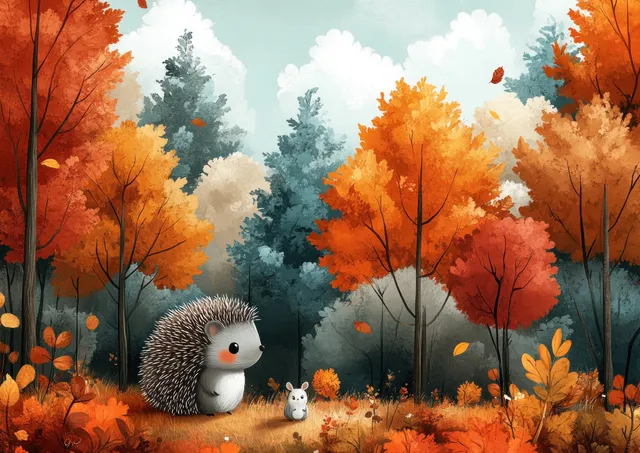 A rabbit and hedgehog in an autumn forest clearing with orange and teal trees and scattered leaves.