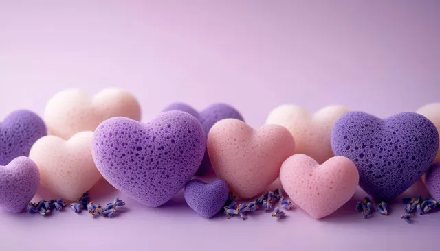 Heart-shaped purple and pink sponges arranged on a lavender surface with scattered dried flower petals.