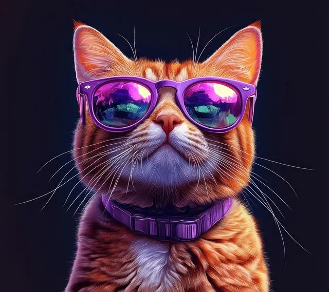A charming ginger tabby cat with purple sunglasses and green eyes poses against a vibrant gradient background.
