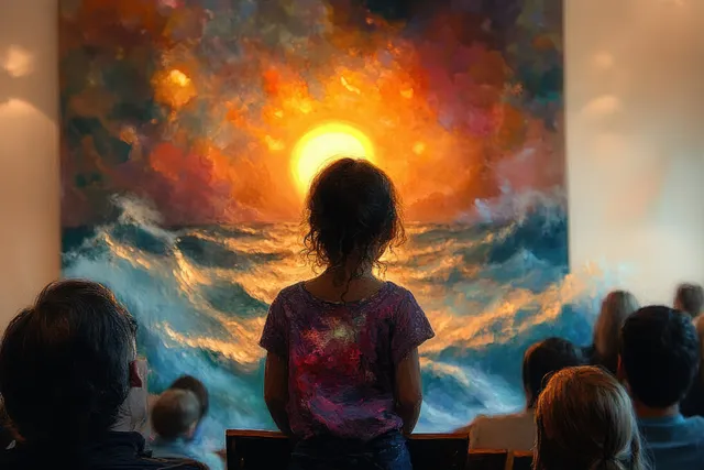 A curly-haired child stands in a dim gallery, watching a vibrant ocean sunset painting while seated people look on.