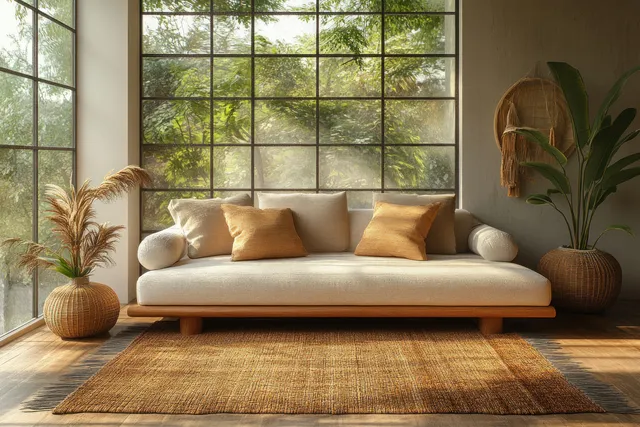 A cozy living room with a small Christmas tree, wrapped gifts, warm lights, and rustic decor near large window panes.
