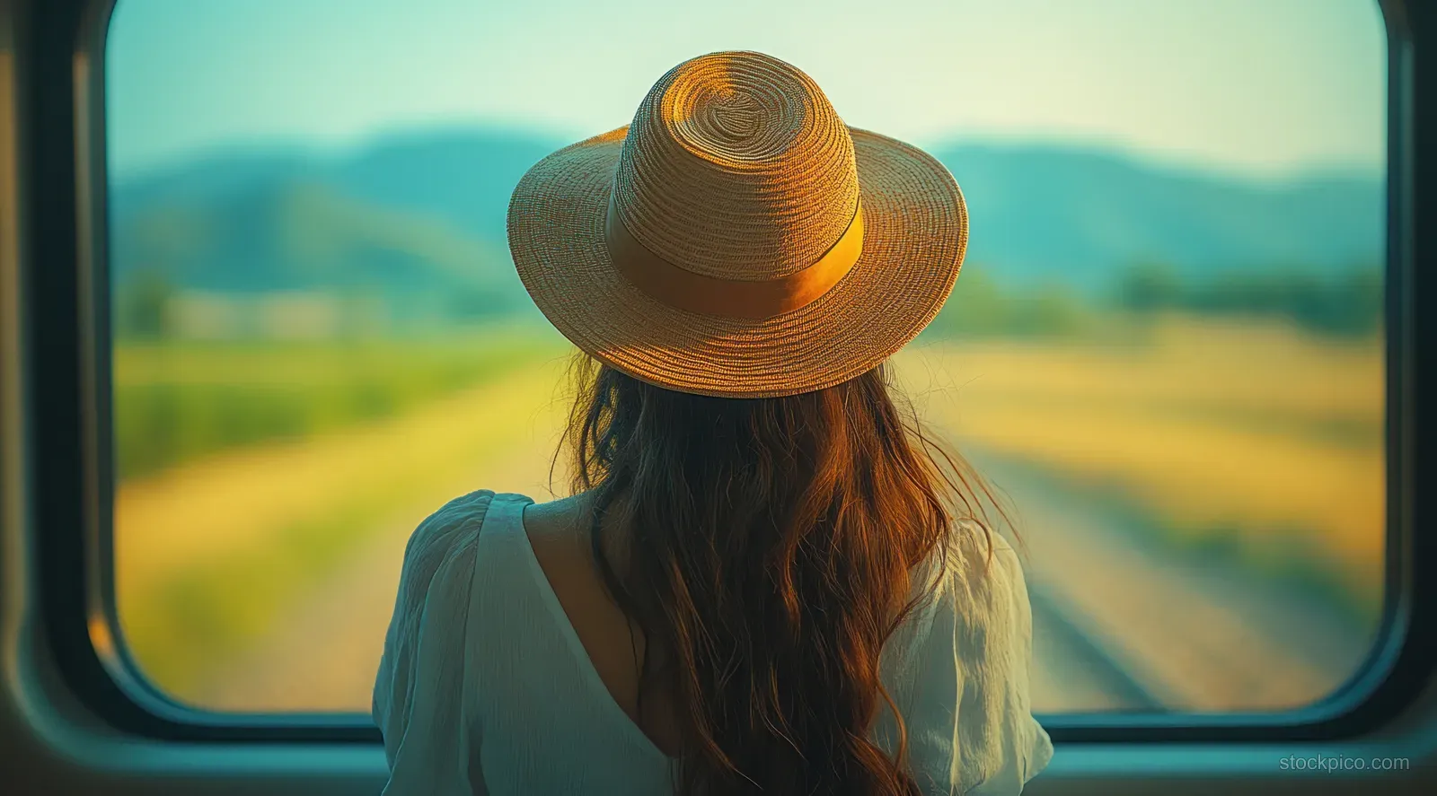 A woman in a straw hat sits at a train window, watching green countryside scenery outside.