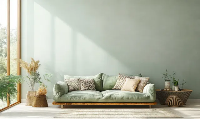 Soft green sofa with patterned cushions in a Scandinavian living room with sunlit window and light wooden decor.