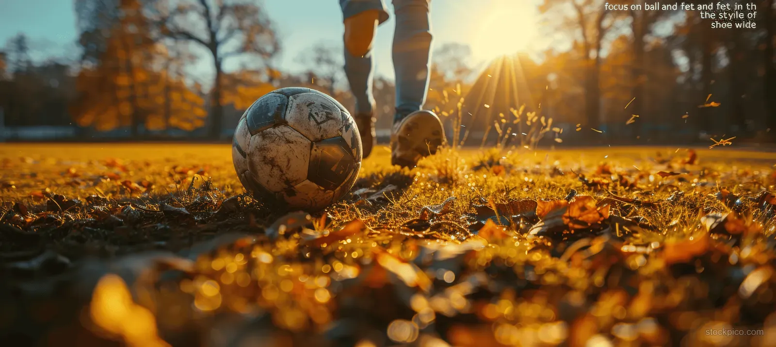 Close-up soccer ball on grass with kids’ kicking shoes in warm sunset light.