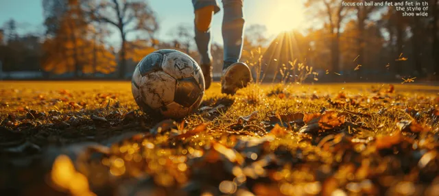 Close-up soccer ball on grass with kids’ kicking shoes in warm sunset light.