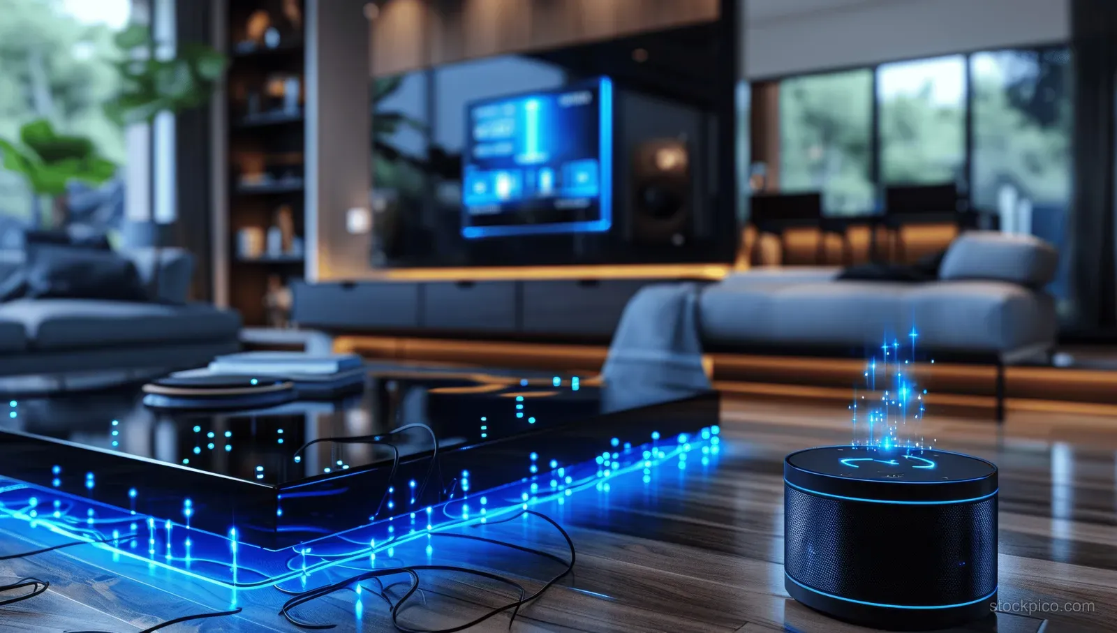 Smart living room with a glowing speaker and network-lit audiovisual control display over a sofa and shelves.