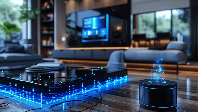 Smart living room with a glowing speaker and network-lit audiovisual control display over a sofa and shelves.
