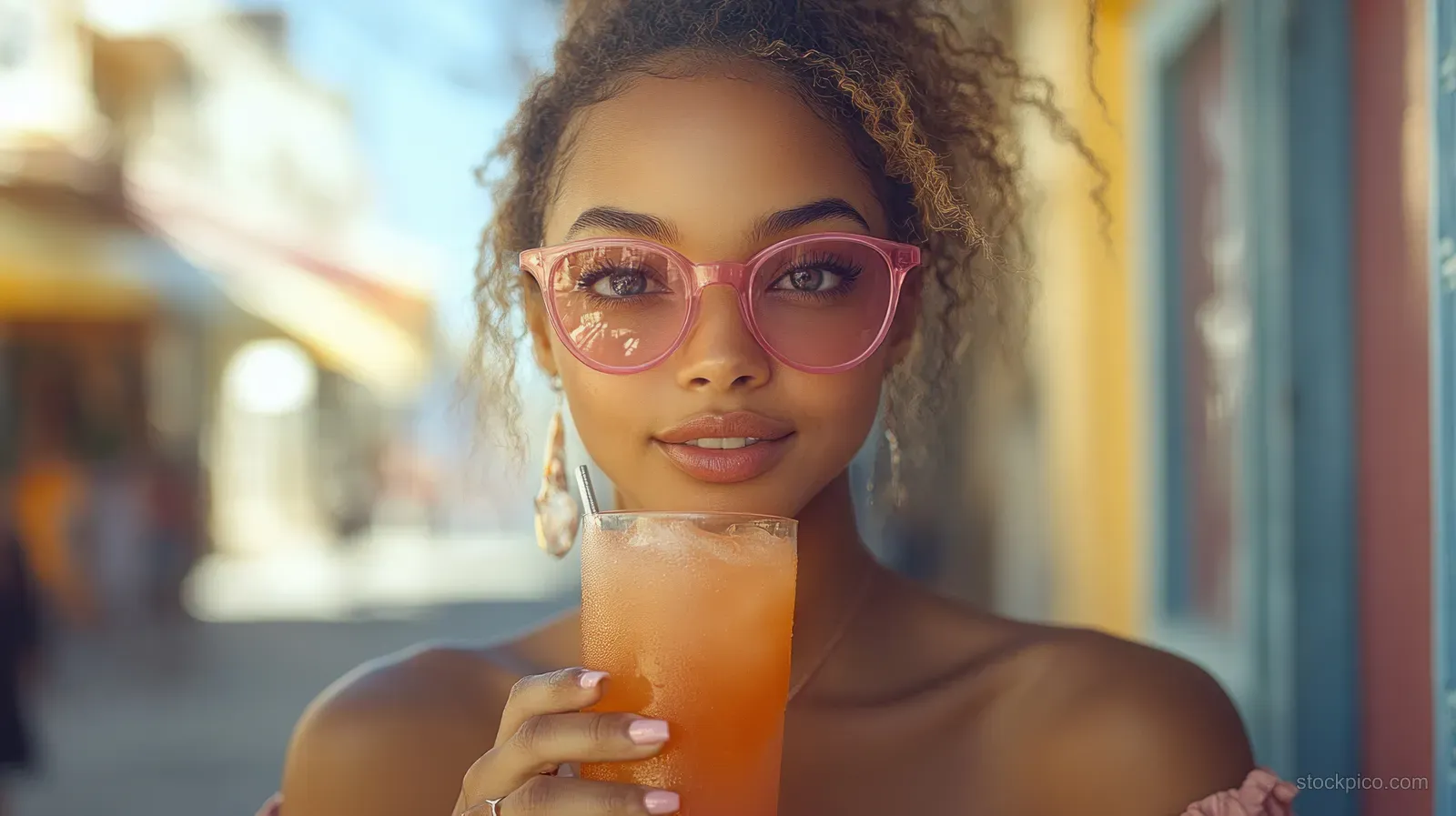 A smiling woman in pink sunglasses sips an orange milkshake while walking along a city street.