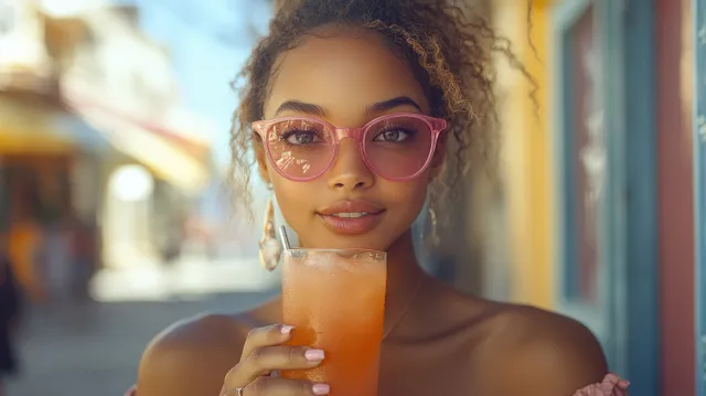 A smiling woman in pink sunglasses sips an orange milkshake while walking along a city street.