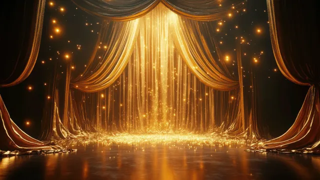 Golden draped stage curtains glow with sparkling light particles above a polished reflective floor.