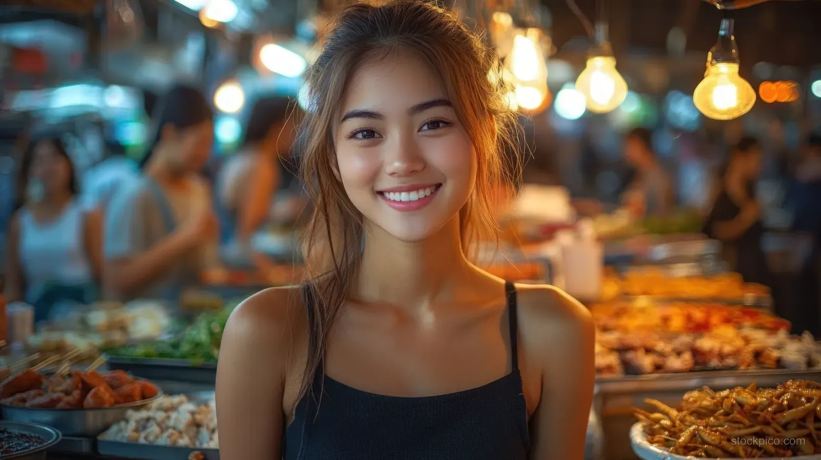 Smiling young woman in a black tank top at a night market food stall with grilled skewers and warm hanging lights.