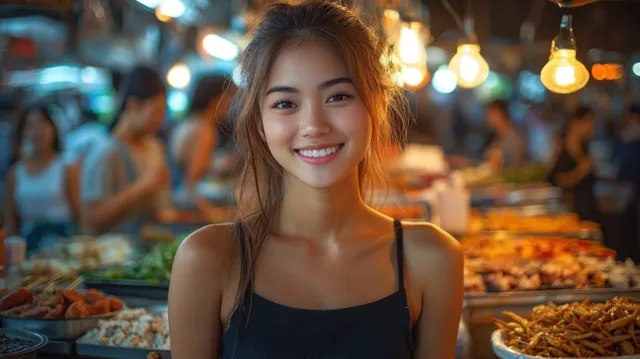 Smiling young woman in a black tank top at a night market food stall with grilled skewers and warm hanging lights.