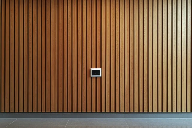 Centered power outlet on a vertical wooden slat wall above a gray tiled floor.