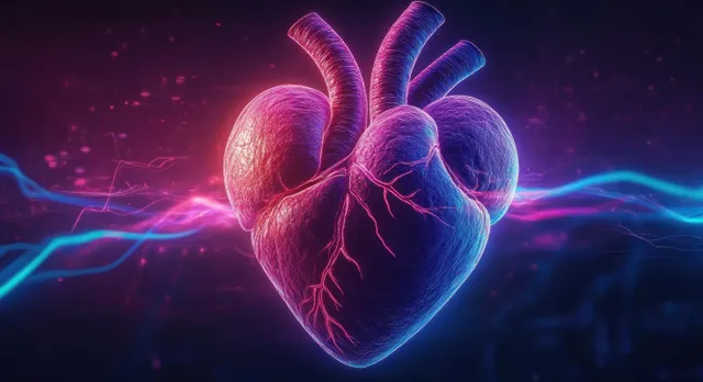 A glowing 3D human heart floats against a dark background with blue and pink electric energy highlighting veins.