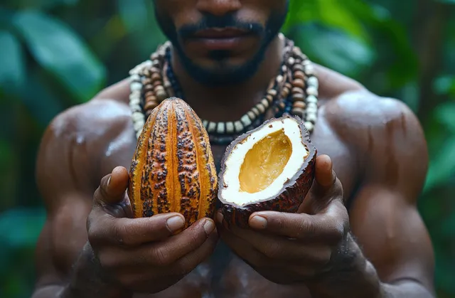 Muscular man holds whole and split cocoa pods with visible yellow seeds against blurred green foliage.