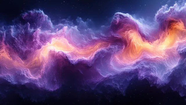 Abstract purple and blue fluid waves with glowing smoky textures.