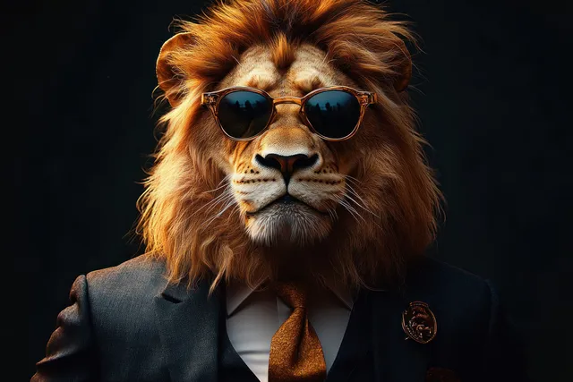 A lion wearing round sunglasses and a dark suit poses facing the camera against a dark studio background.
