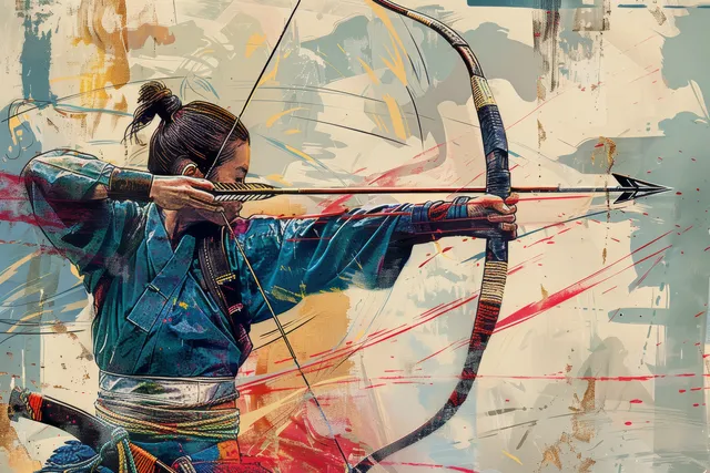 Japanese archer releasing an arrow with a taut bowstring in a competition scene with red and beige splatter background.